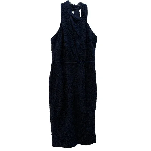 JS Collection Sz 8 Scarlet Wrap Tea Length Dress Navy Embroidered Mesh Soutache - Picture 2 of 15